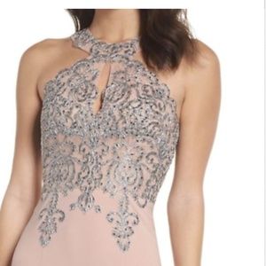 XSCAPE Lace Bodice Halter Neck Evening Gown
